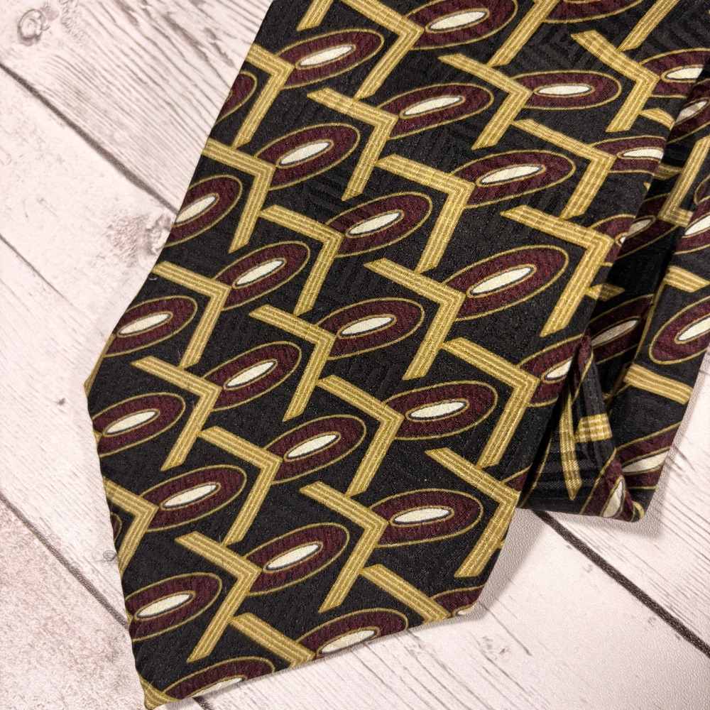 Woodward Mens Silk Necktie Geometric Abstract Gold Burgundy Black Costa Rica